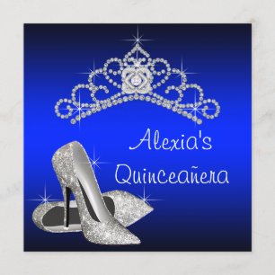 High Heels Tiara Royal Blue Quinceanera Invitation