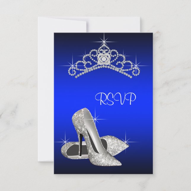 High Heels Tiara Royal Blue Quinceanera RSVP Card (Front)