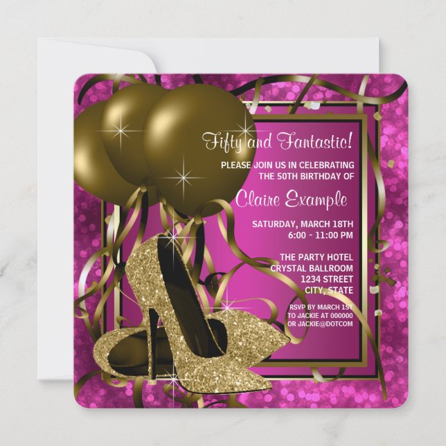 High Heels Womans Hot Pink and Gold Birthday Party Invitation (Front)
