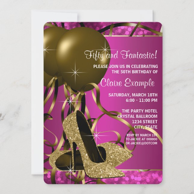 High Heels Womans Hot Pink and Gold Birthday Party Invitation (Front)