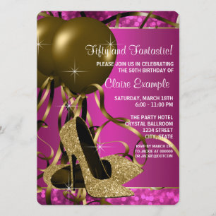 High Heels Womans Hot Pink and Gold Birthday Party Invitation