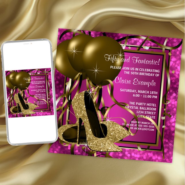 High Heels Womans Hot Pink Birthday Party Invitation (Pink gold shoe any occasion invitation. Instant download and printed invitations available.)