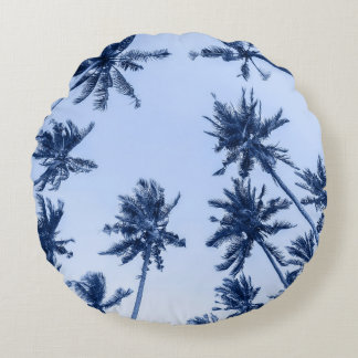 High palm trees, clear blue sky. round cushion