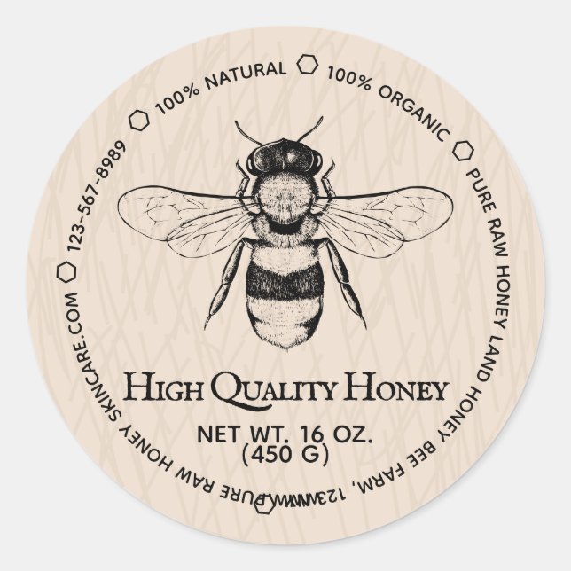 High Quality Honey Vintage Bee Classic Round Sticker (Front)