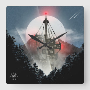 High-rise building behind the mountains square wall clock