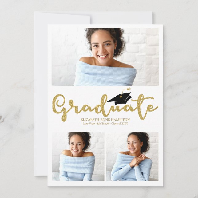 High School  3 Photo Glitter Grad Announcement (Front)