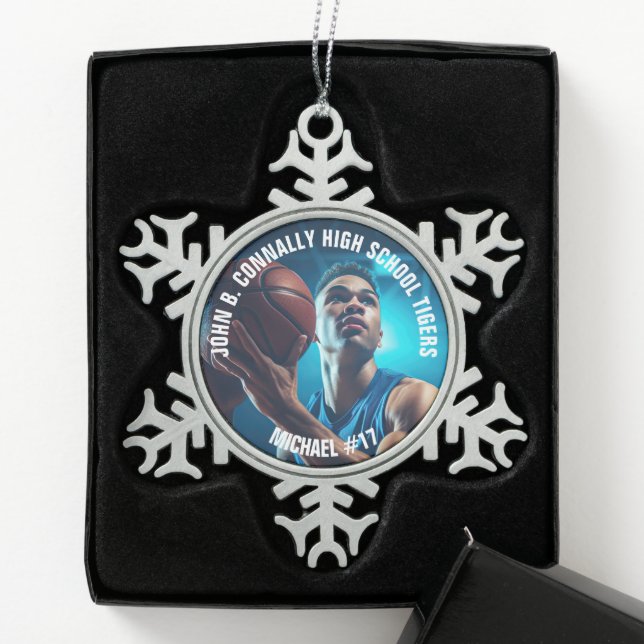 High School Basketball Player Photo Snowflake Pewter Christmas Ornament (Box)