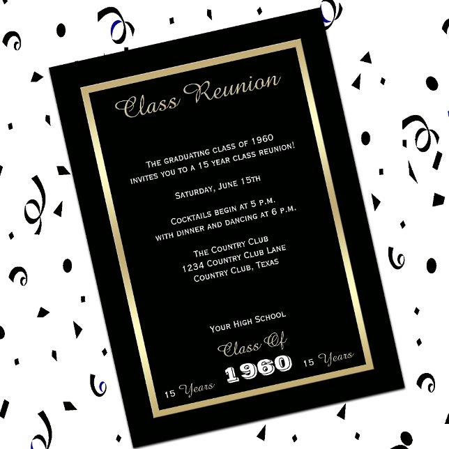 High School Class Reunion Black and Gold Invitation (Creator Uploaded)