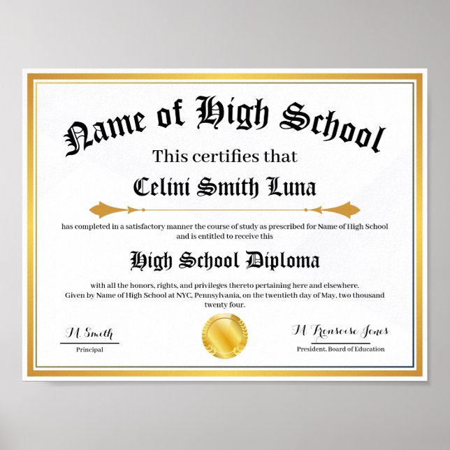High School Diploma Replica Poster - Fake Gold Sea (Front)