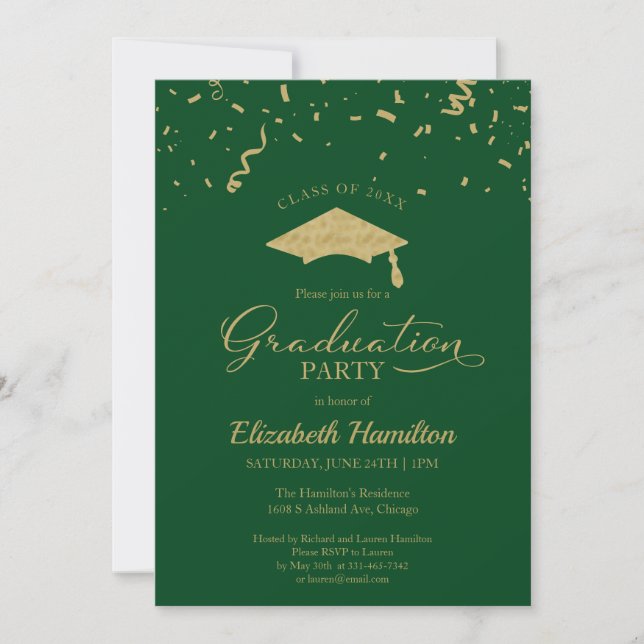 High School Grad Party Gold Confetti Green Invitation (Front)