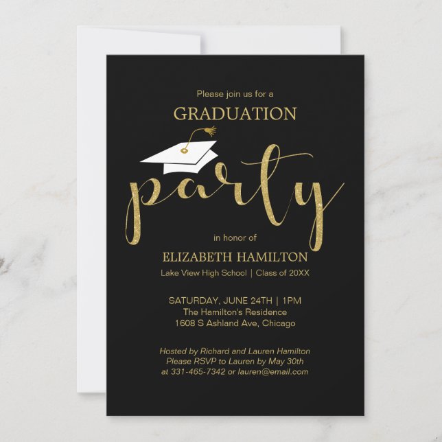 High School Grad Party Gold Glitter Invitations (Front)