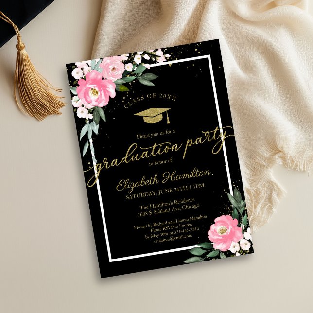 High School Grad Party Hot Pink Floral Black  Invitation (Creator Uploaded)