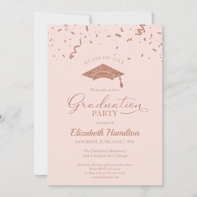 High School Grad Party Rose Gold Confetti Pink Invitation (Front)