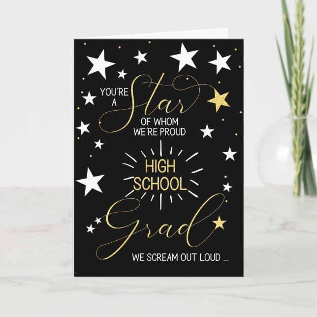 High School Graduate Black Gold Stars Typography Card (Front)