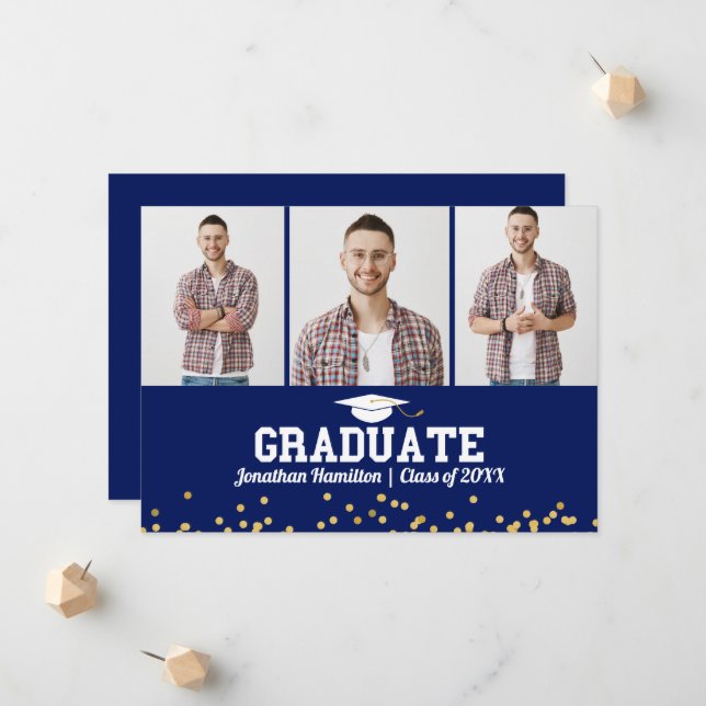 High School Graduation Announcement 3 Photo Card (Front/Back In Situ)