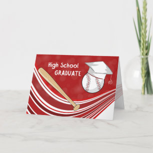 High School Graduation Baseball Bat and Hat on Red Card
