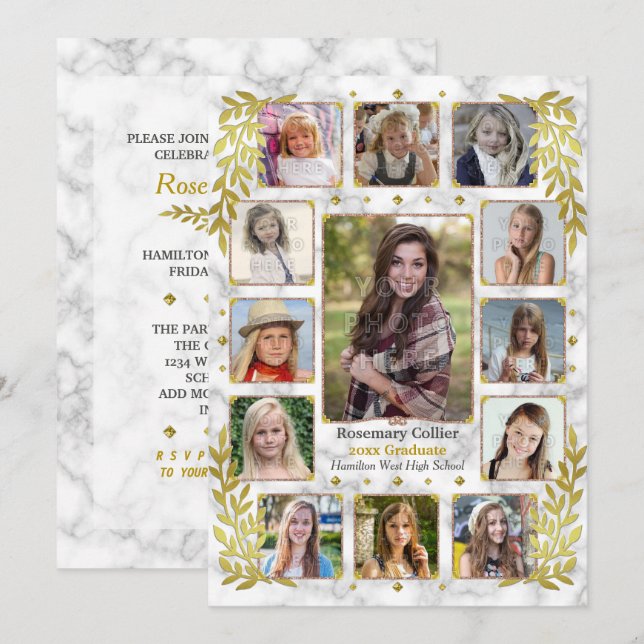 High School Graduation Party Marble Photo Collage Invitation (Front/Back)