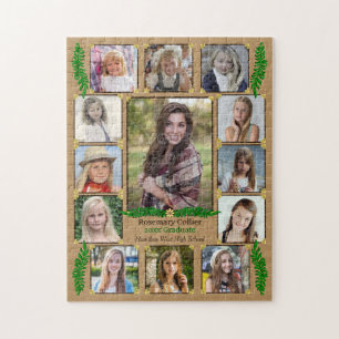 High School Graduation Photo Collage   Burlap Fern Jigsaw Puzzle