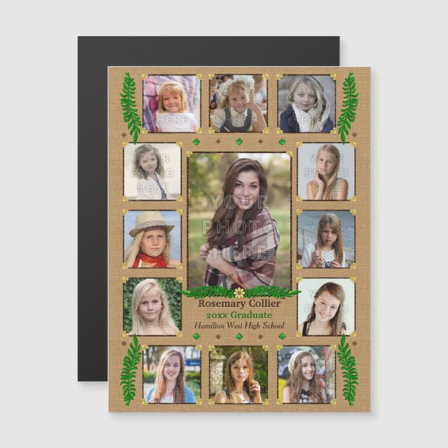 High School Graduation Photo Collage | Burlap Fern Magnetic Invitation (Front/Back)