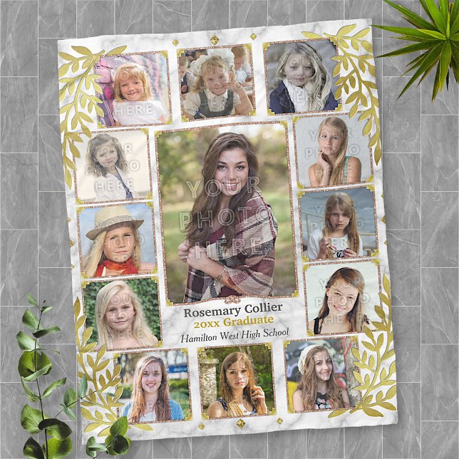 High School Graduation Photo Collage | Marble Gold Fleece Blanket (Creator Uploaded)