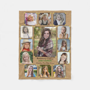 High School Graduation Photo Collage Rustic Burlap Fleece Blanket