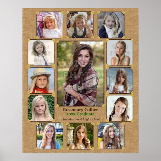 High School Graduation Photo Collage Rustic Burlap Poster (Front)