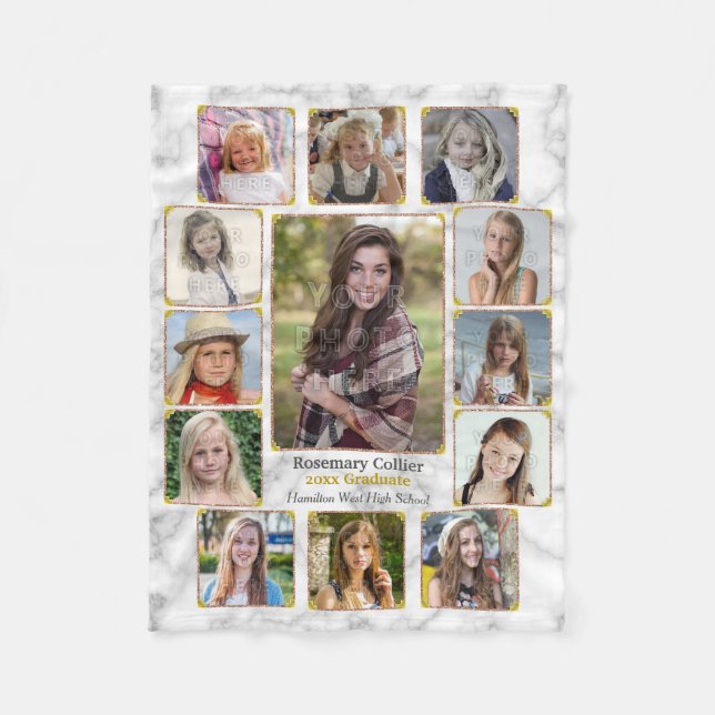 High School Graduation Photo Collage White Marble Fleece Blanket (Front)