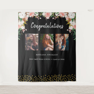 High School Graduation Photo Floral Black Tapestry