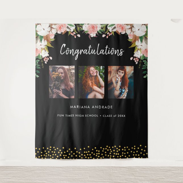 High School Graduation Photo Floral Black Tapestry (Front)