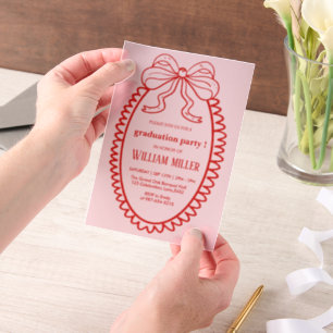 High School Hand Drawn Illustrated Pink & Red Grad Vellum Invitations