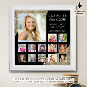 High School K-12 Photo Collage Black Gold Glitter Poster