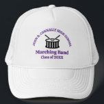 High School Marching Band Custom Purple Script Trucker Hat<br><div class="desc">This modern high school marching band hat features the student and band name in purple script under the drums. Customise for symphonic,  wind ensemble,  or concert band members or their director for a great graduation keepsake gift.</div>