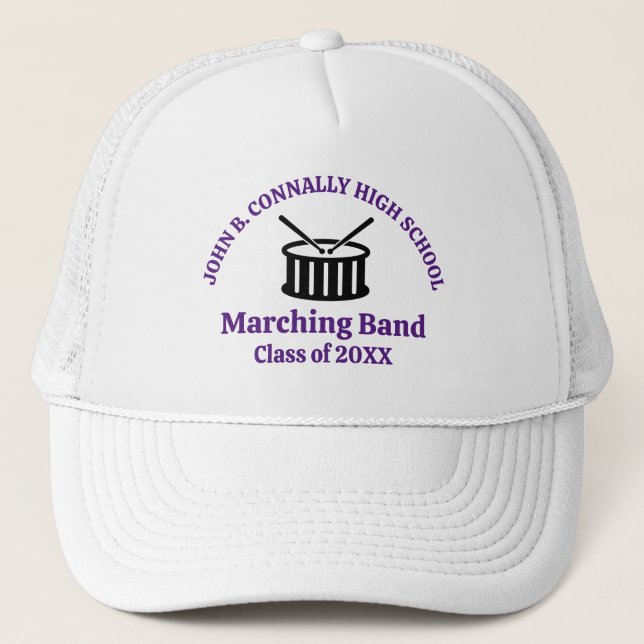 High School Marching Band Custom Purple Script Trucker Hat (Front)
