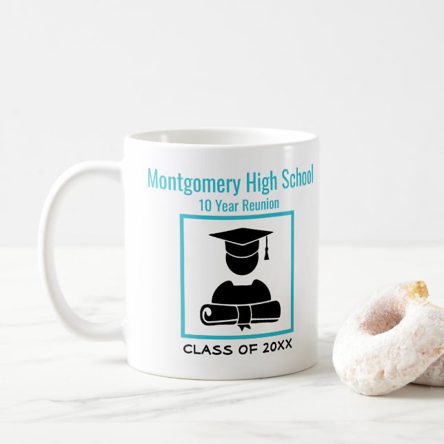 High School Reunion Custom Black Baby Blue Coffee Mug (With Donut)