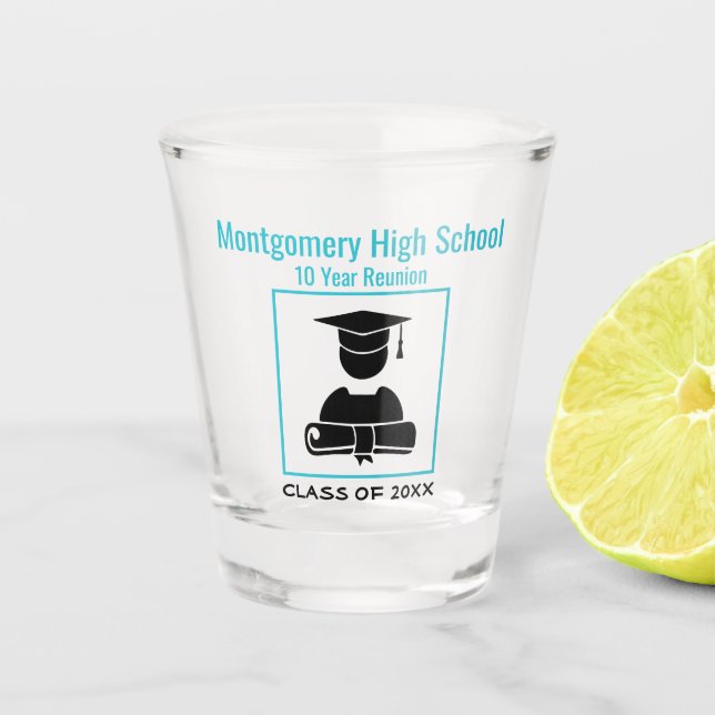 High School Reunion Custom Black Baby Blue Shot Glass (Front)