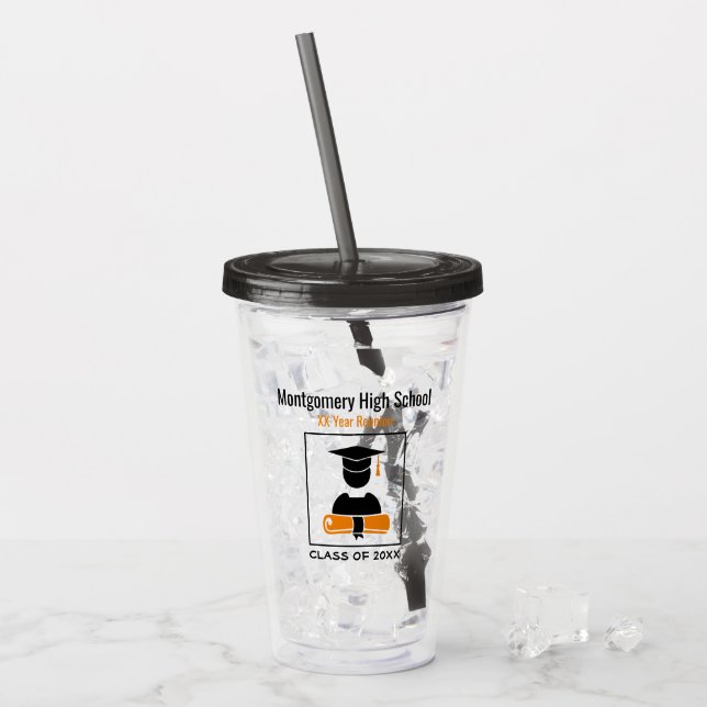 High School Reunion Custom Black Orange Acrylic Tumbler (Front Ice)