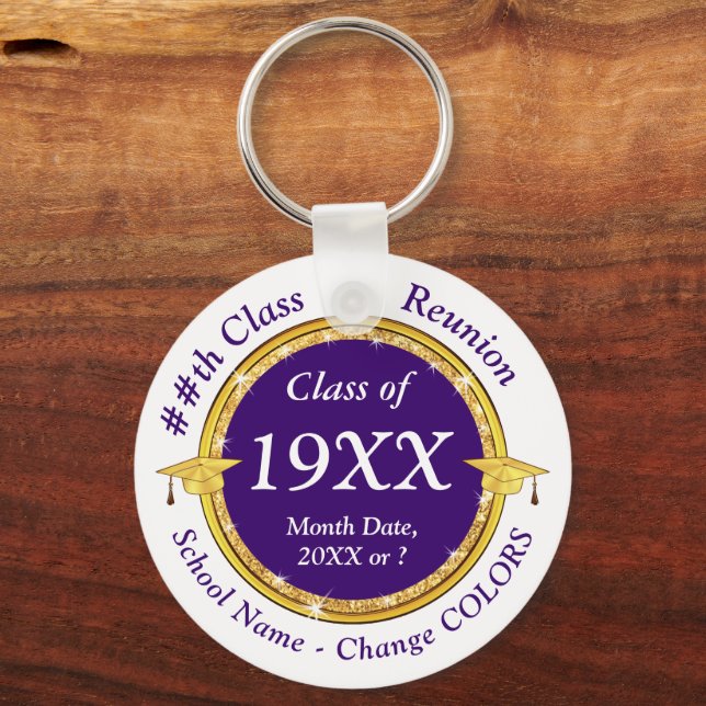 High School Reunion Gift Ideas, Purple and White Key Ring (Front)