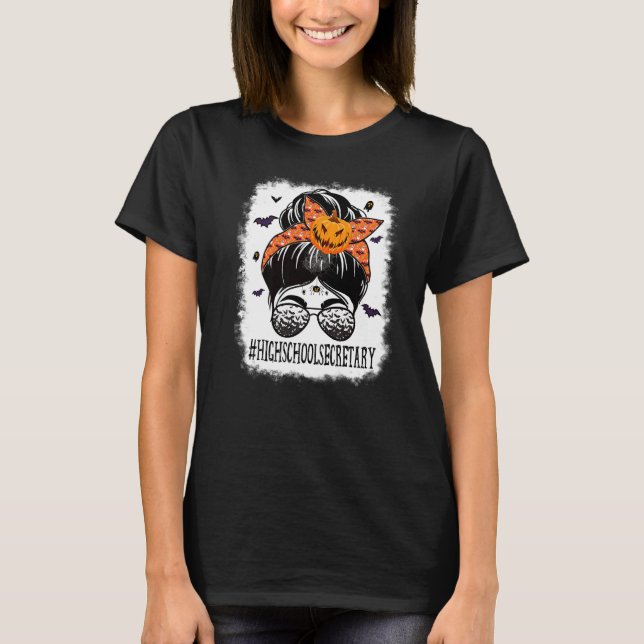 High School Secretary Messy Bun Spooky Bat Orange  T-Shirt (Front)