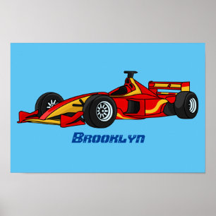 High speed racing cars cartoon illustration poster