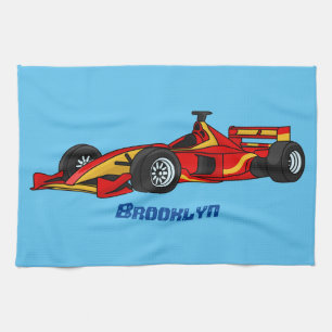 High speed racing cars cartoon illustration tea towel