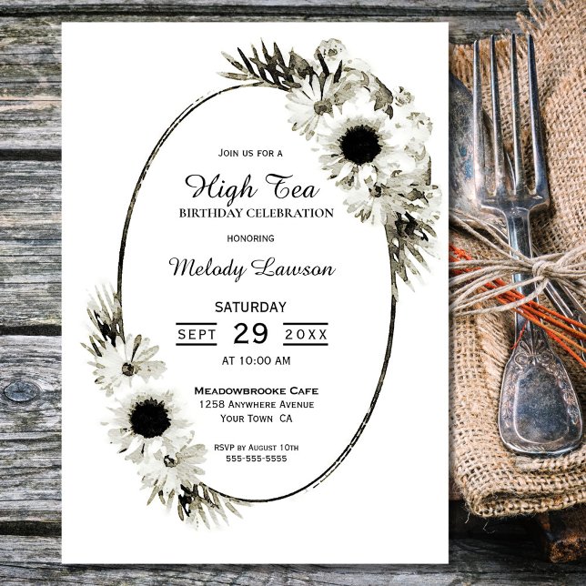 High Tea Black and White Floral Birthday Party Invitation (Creator Uploaded)
