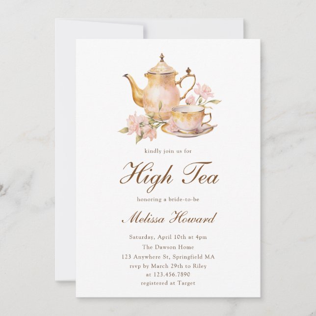 High Tea Pastel Gold Bridal Shower Invitation (Front)