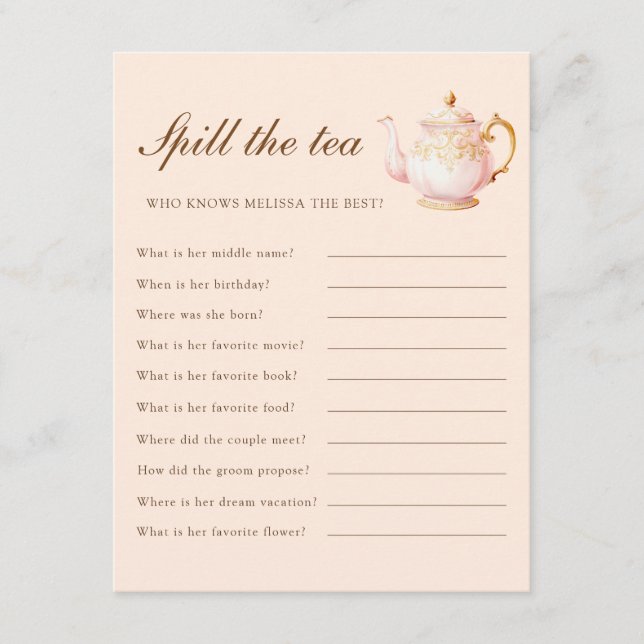 High Tea Pastel Orange Bridal Shower Party Game Enclosure Card (Front)