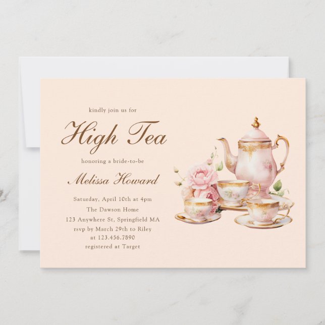 High Tea Pastel Orange Gold Bridal Shower Invitation (Front)