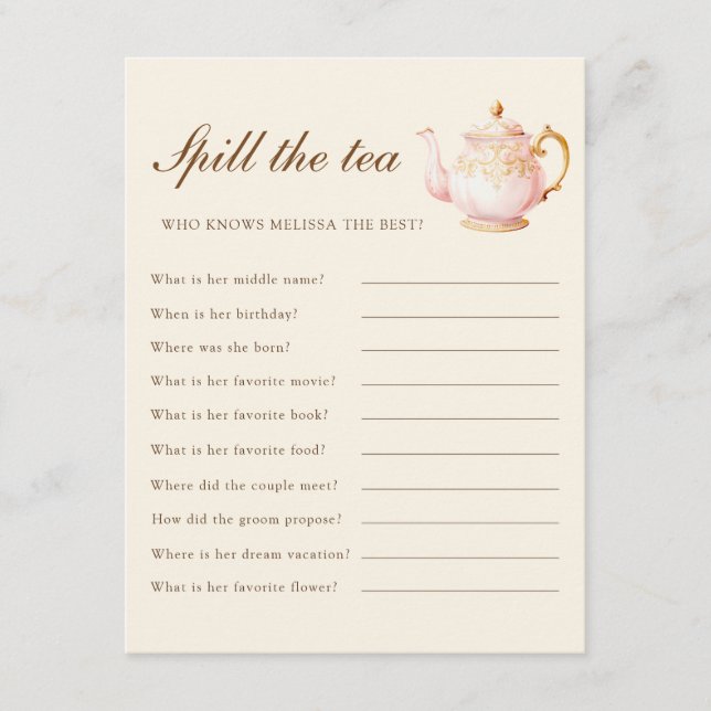 High Tea Pastel Yellow Bridal Shower Party Game Enclosure Card (Front)
