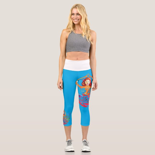 High Waisted Capris with Yoga Woman Rainbow Design (Front)