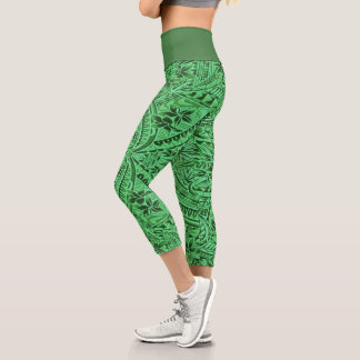 High-Waisted Tribal Green Capri Leggings