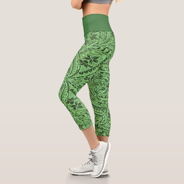 High-Waisted Tribal Green Capri Leggings (Left)