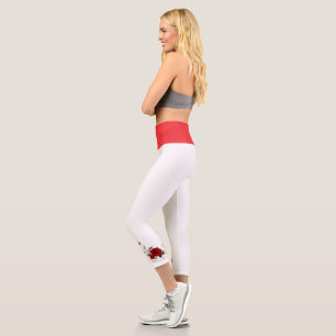 High Waisted Yoga Capris, Red Rose White Bottom  Capri Leggings