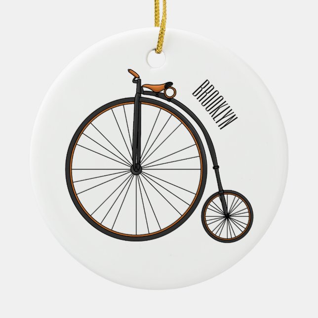 High wheel bicycle cartoon illustration ceramic tree decoration (Front)